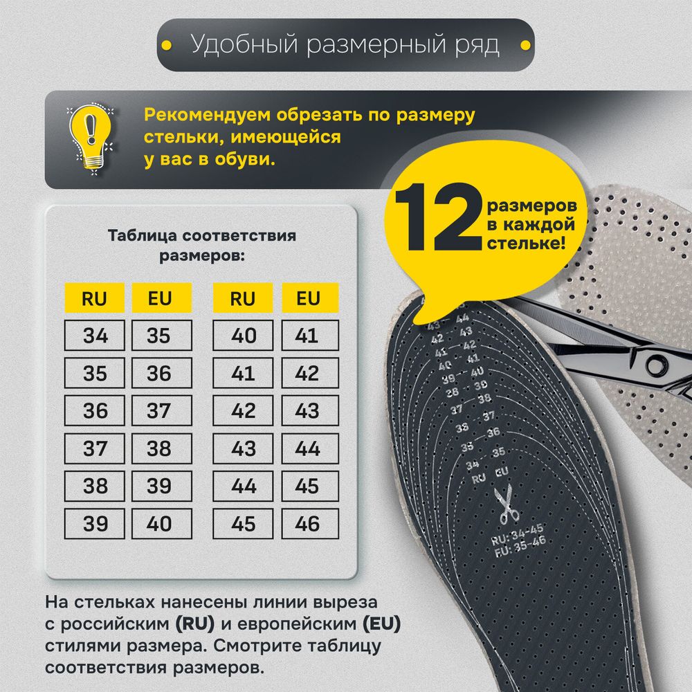 Стельки для обуви из натуральной кожи, УНИВЕРСАЛЬНЫЙ размер RU 34-45 / EU 35-46, с линиями выреза, SHEGRA (ШЕГРА), 700764