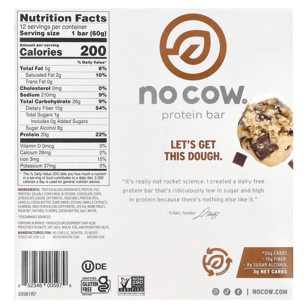 No Cow, Протеиновый батончик, тесто с шоколадной крошкой, 12 батончиков, 60 г (2,12 унции)