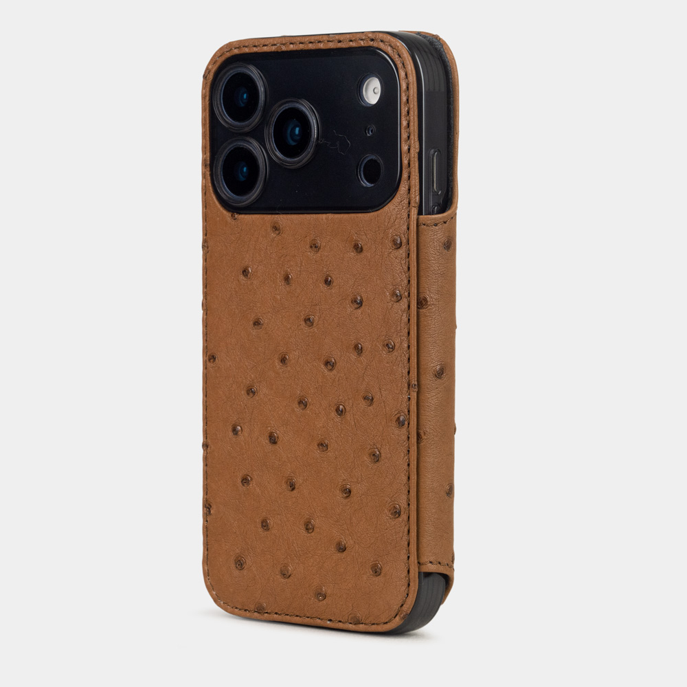 Чехол-книжка кожаная для iPhone 17 Pro, страус цвета карамель