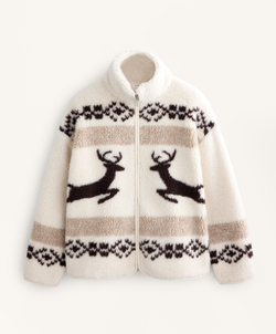 Oysho Куртка из искусственной овчины с оленями и высоким воротником, экрю
