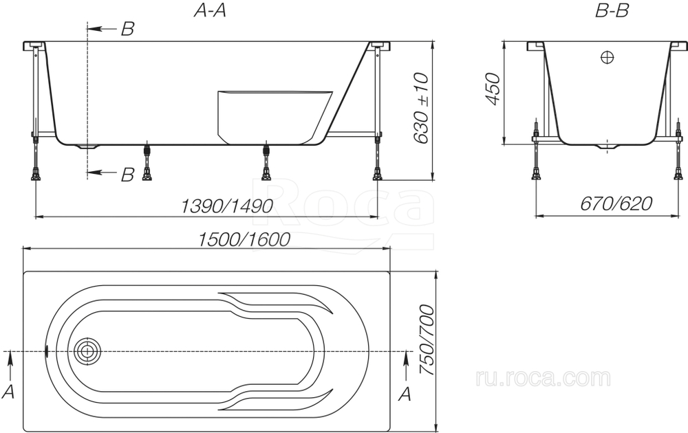 Акриловая ванна Roca Genova-N 150x75 прямоугольная белая ZRU9302894