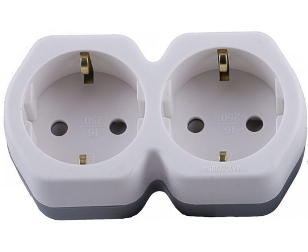 Разветвитель двойник для розетки сетевой с заземлением плоский белый/серый, 250В, 16A, Stekker ADP16-12-20 32870