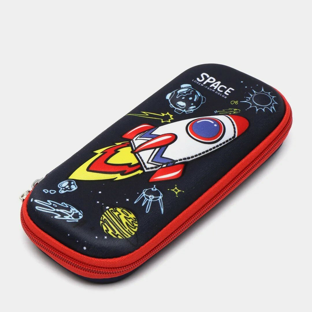 Пенал школьный  для девочек мальчиков с 3д рисунком на молнии Ракета, черный