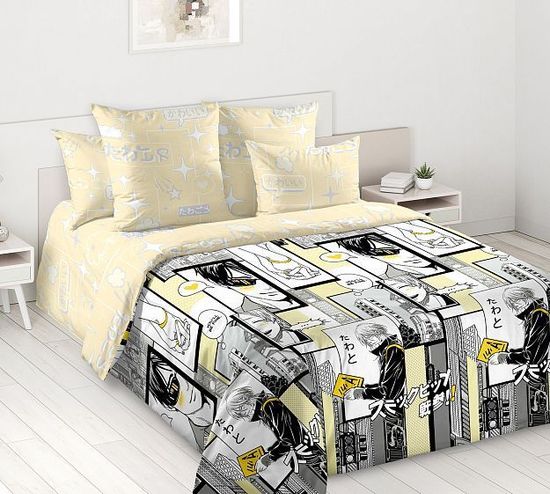 Евро комплект постельного белья с простыней на резинке Кавай перкаль