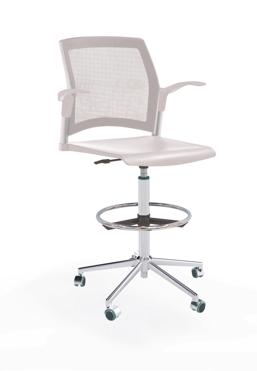 Кресло Rewind каркас хром, пластик белый, база стальная хромированная, с открытыми подлокотниками, сиденье без обивки, спинка-сетка