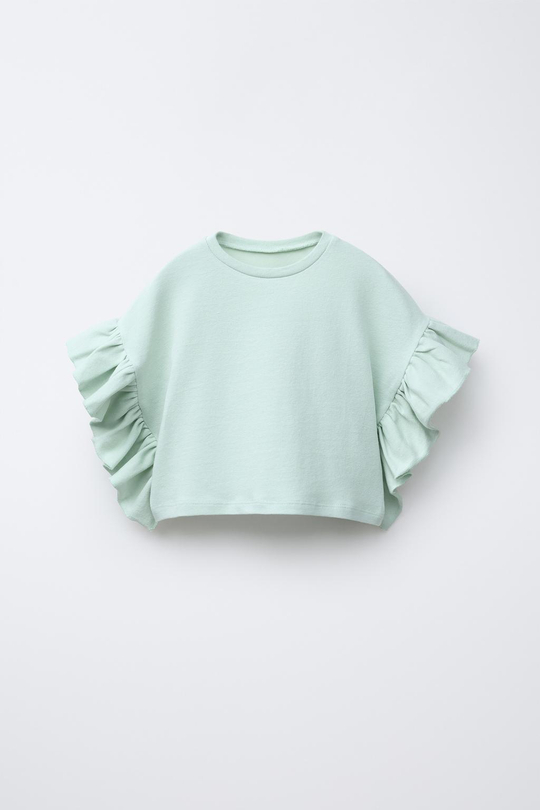 ZARA ФУТБОЛКА С ВОЛАНАМИ, ПАСТЕЛЬНО-ЗЕЛЕНЫЙ