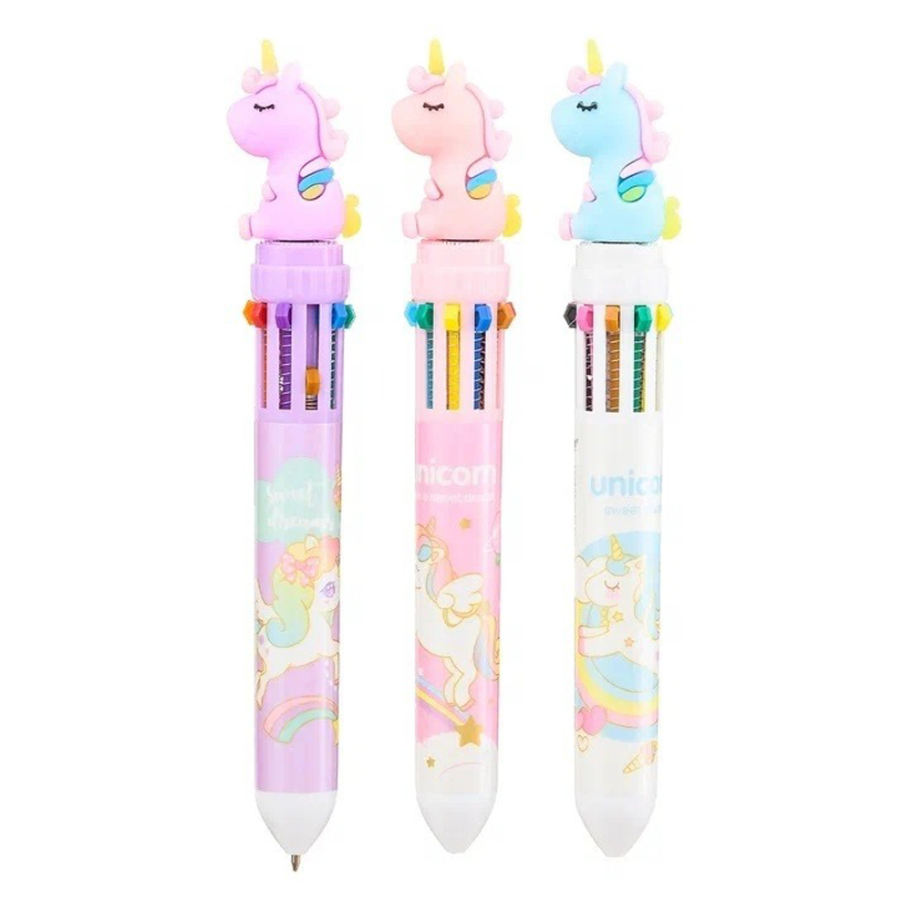 Ручка шариковая, автоматическая, 10в1, Basir, серия "ЕДИНОРОГ", 10-ти цветная, с резиновой фигуркой, 36 шт