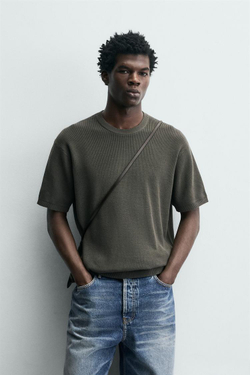 ZARA ФУТБОЛКА ПЛАТОЧНОЙ ВЯЗКИ, ТЕМНО-СЕРЫЙ