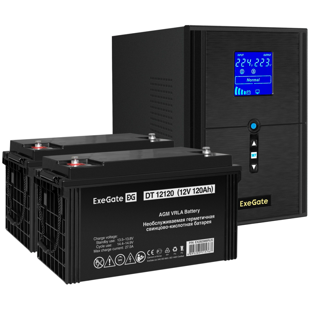 ИБП + батарея ExeGate SineTower SZ-2000.LCD.AVR.3SH.1C13.USB + 2x DT 12120 (120Ач)