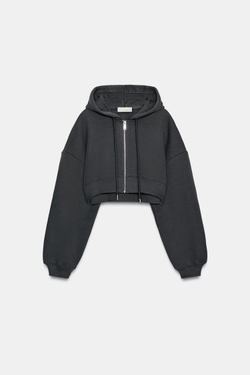 ZARA УКОРОЧЕННАЯ ТОЛСТОВКА С КАПЮШОНОМ, СЕРЫЙ