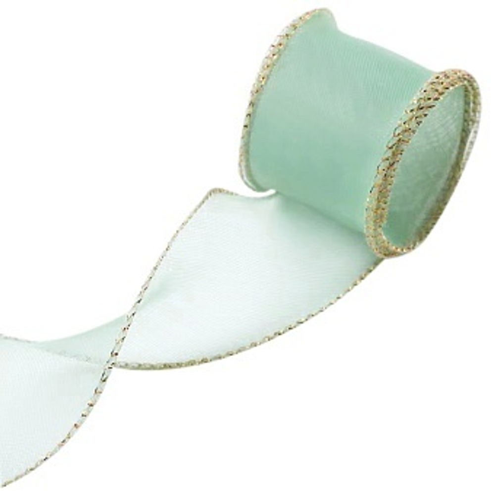 Лента декоративная (4 см*9,14 м) Органза с леской Золотая кайма Мятный