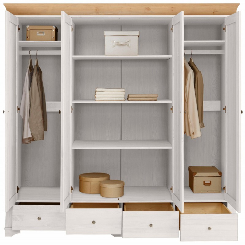 Шкаф 4х дверный «Бейли» с 2-мя глухими и 2-мя зеркальными дверями белый воск/антик