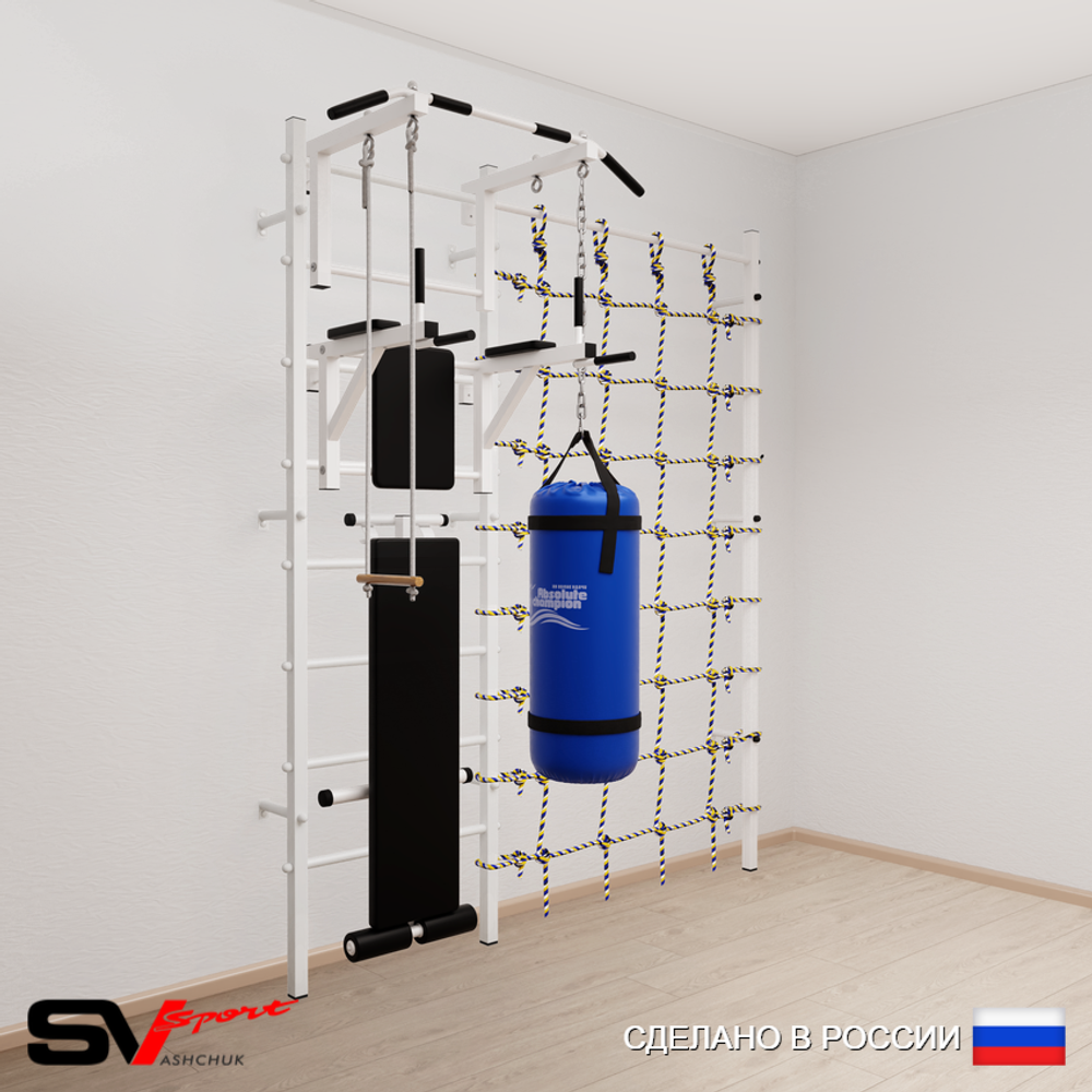 Шведская стенка Sv Sport усиленная 68330 (Турник стандарт/Брусья/Скамья/Трапеция/Цепь/Мешок 30кг/Канатный лаз)