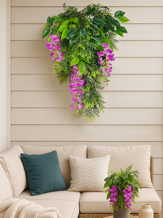 Искусственные цветы Акация лиловая подвесная в настенном кашпо