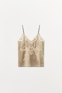 ZARA ТОП В БЕЛЬЕВОМ СТИЛЕ С ВЫШИВКОЙ — ZW COLLECTION, СЕРЫЙ/БЕЖЕВЫЙ