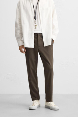 ZARA БРЮКИ КОМФОРТНОЙ ПОСАДКИ ИЗ РЕЛЬЕФНОЙ ТКАНИ, СЕРО-КОРИЧНЕВЫЙ