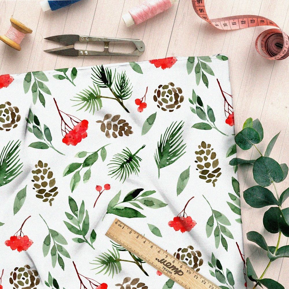 Ткань ниагара рябина с шишками и листьями