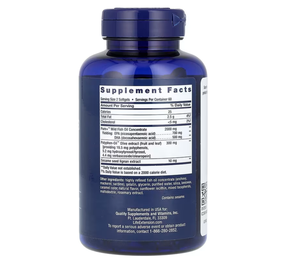 Life Extension - Super Omega-3 EPA/DHA Fish Oil, Sesame Lignans & Olive Extract 120 softgels