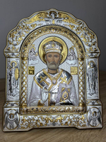 Николай Чудотворец, икона арочная с рамкой, красное дерево 167х228