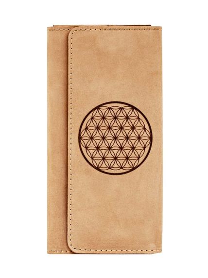 Фото функционального кошелька Цветок жизни из светло-коричневого нубука, вид фасад.