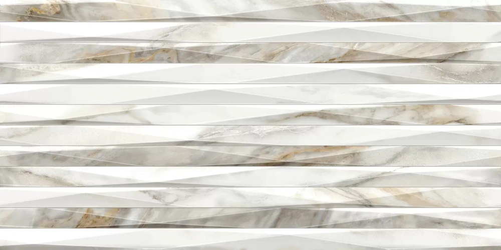 Настенная плитка Alma Ceramica TWU2550EPH24 Euphoria 24.9x50 белая / серая глянцевая / рельефная под мрамор / полосы