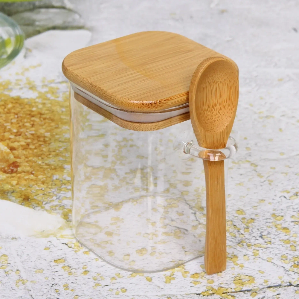 Банка для продуктов стеклянная 450мл «Хай-Тек» с бамбуковой крышкой и ложкой, квадратная 8*10см