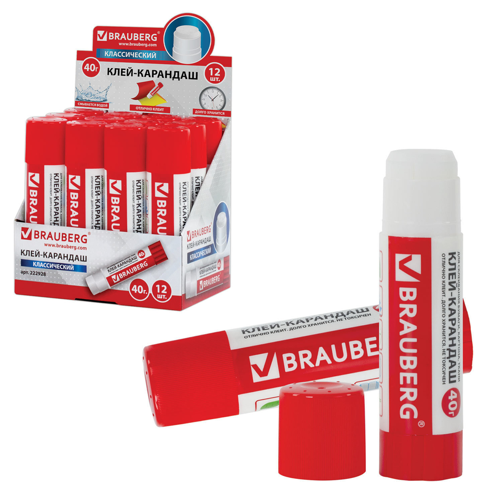 Клей-карандаш BRAUBERG 40 г (12 штук в упаковке)