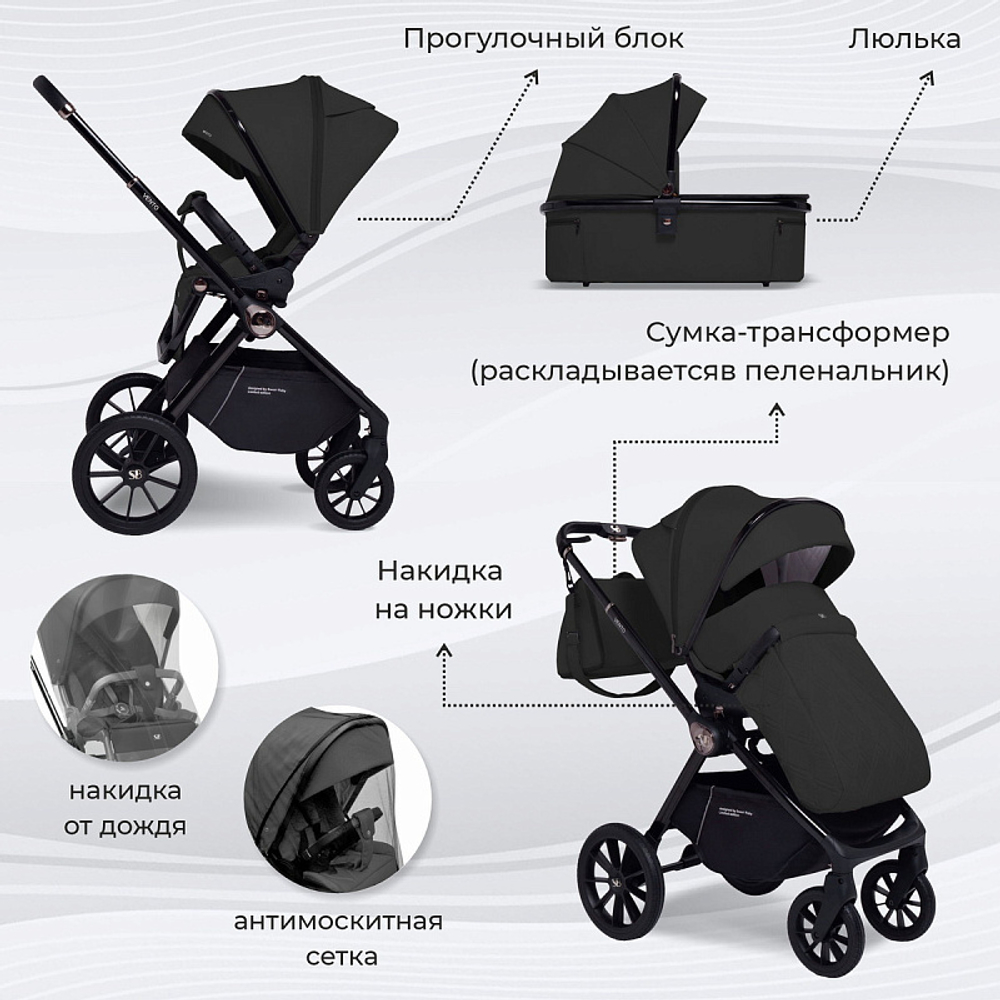 Детская коляска Sweet Baby Vento Black 2 в 1 Black