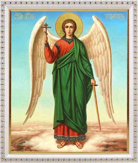 Купить икону Ангел Хранитель на голубом фоне в белой пластиковой рамке 20*23,5 см по низкой цене в Домовом Маркете