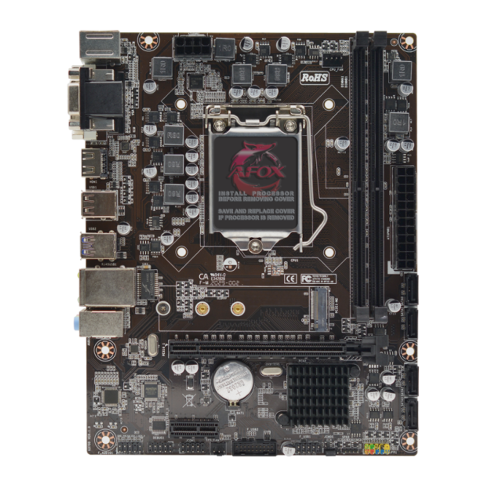 Материнская плата AFOX IH310-MA2-V2, Socket1151, mATX, Retail, 2xDDR4, PCIe3.0, 1xM.2, GLAN, 2xPS/2, 6xUSB2, 4xUSB3, CPU TDP 95Вт, VGA, HDMI, DVI