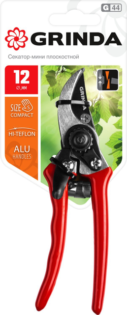 GRINDA G-44, 152 мм, закаленные лезвия, тефлоновое покрытие, алюминиевые рукоятки, виниловое покрытие, плоскостной мини-секатор (8-423000)