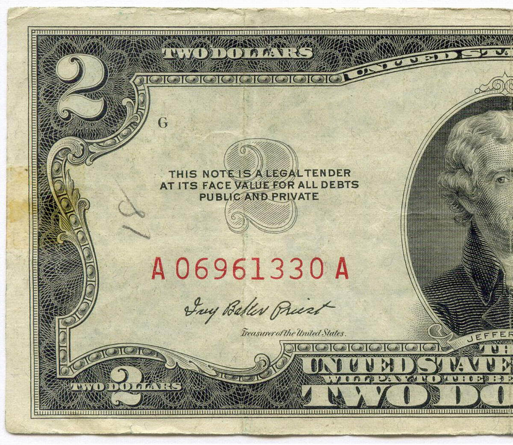 Банкнота США 2 доллара 1953 A 06961330 A. F-VF (надпись карандашом)