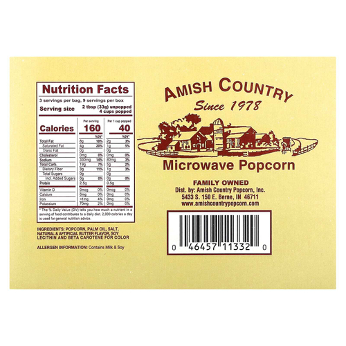 Amish Country Popcorn, попкорн для микроволновой печи, со сливочным маслом, 3 пакетика по 99 г (3,5 унции)