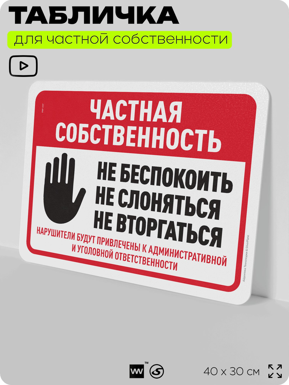 Табличка для частной территории "Частная собственность", на дом, для участка, организаций, предупреждающая, 40х30 см, Silver Plane x Айдентика Технолоджи