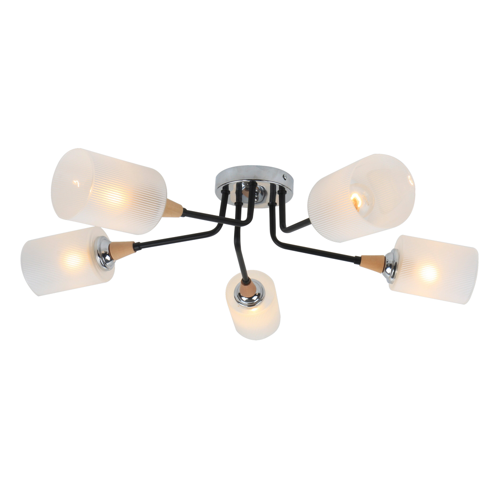 Люстра потолочная 5x60Вт E27, металл/стекло, хром/черный/дерево, матовый плафон