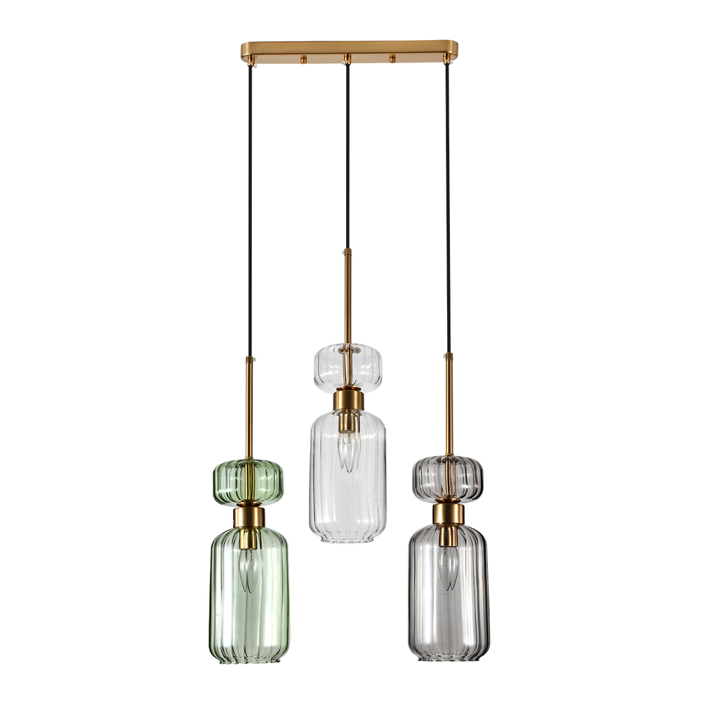 Подвесной светильник 3x60 E14, металл/стекло, античная медь, плафоны: прозрачный, зеленый, дымчатый