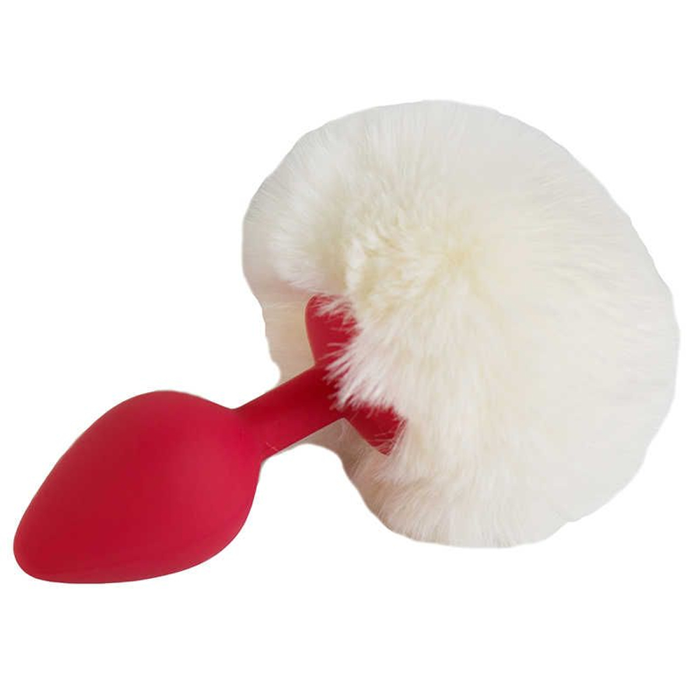 Красная анальная пробка размера S с белым хвоcтиком зайки (Цвет: белый)