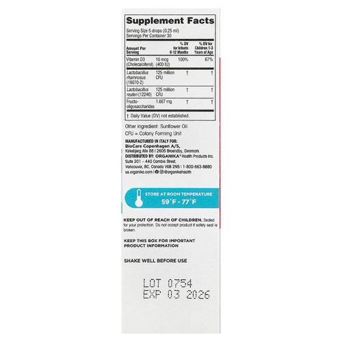 Organika, пробиотик для детей в каплях с витамином D™, для детей 0-3 лет, 7,5 мл (0,25 жидк. унции)