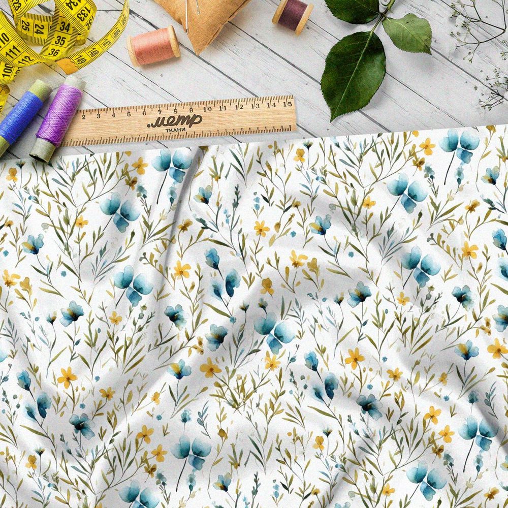 Ткань премиум дюспо мелкие голубые и желтые цветы