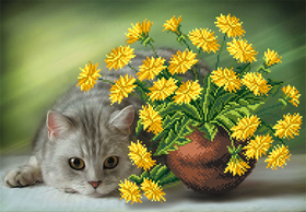 "Котик и одуванчики"-4154 ткань с нанесенным рисунком