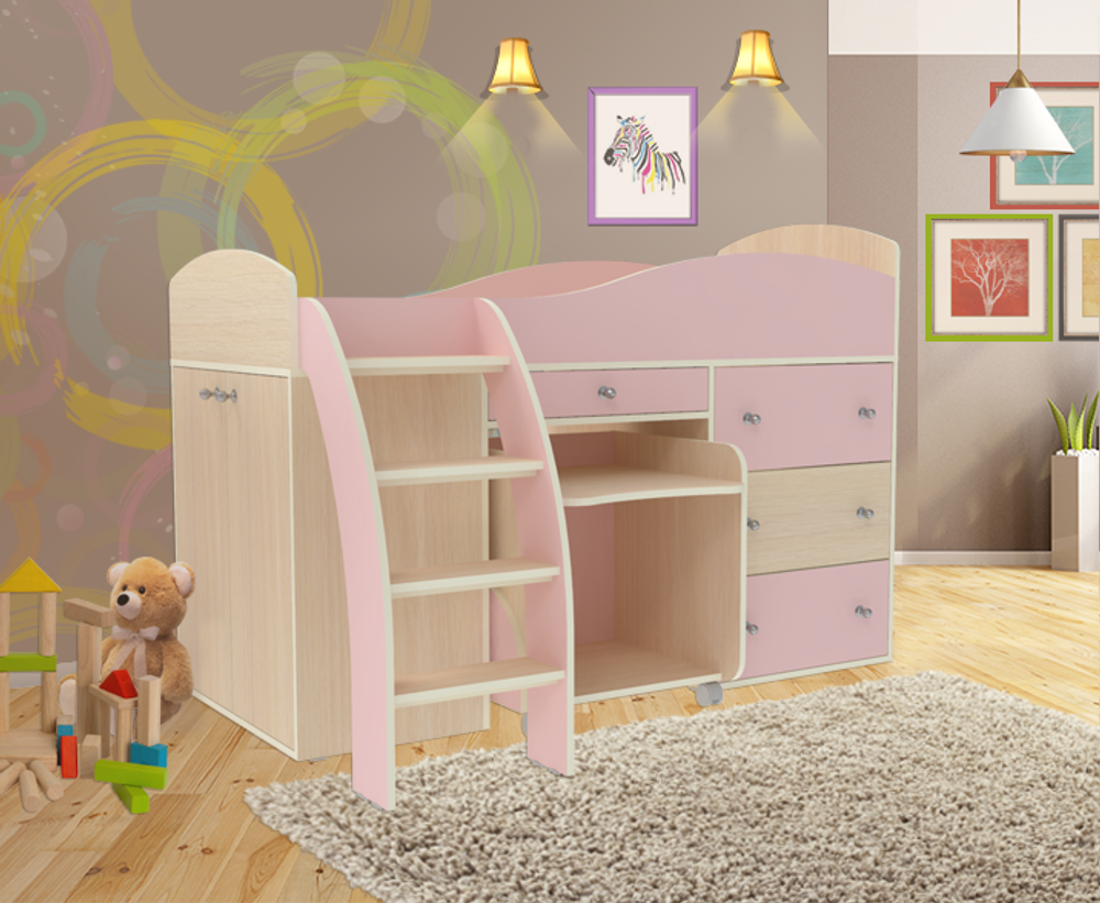 Кровать-чердак КарИВи Малыш 2  Дуб Молочный Розовый