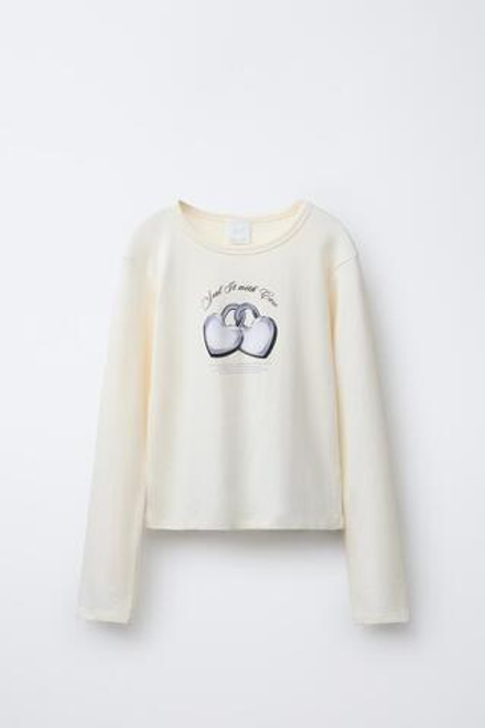 ZARA ФУТБОЛКА В РУБЧИК С СЕРДЦАМИ, ЭКРЮ