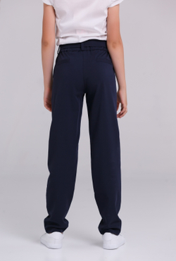 Брюки детские для девочки синие темно-синие школьные классика классические демисезонные прямые на резинке с поясом бананы