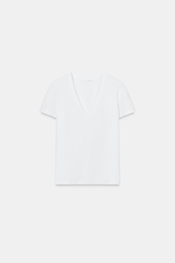 ZARA ФУТБОЛКА INTERLOCK С V-ОБРАЗНЫМ ВЫРЕЗОМ, БЕЛЫЙ