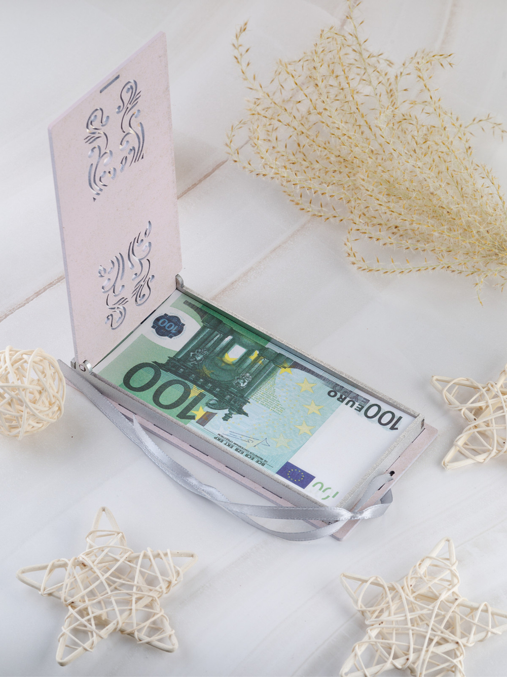 Купюрница деревянная, покраска акрил, с атласной леной, артикул КДХ-020