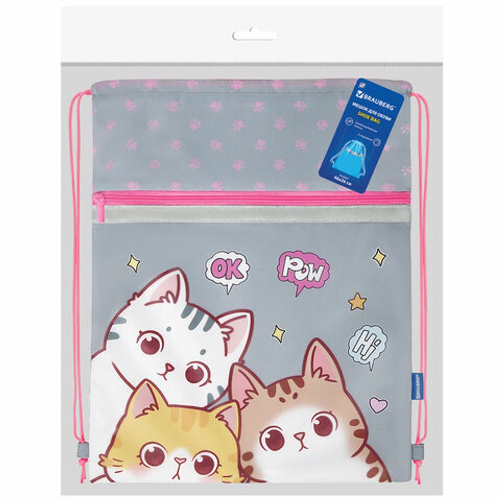 Мешок для обуви BRAUBERG, с петлей, светоотражающая полоса, 2 отделения, 46х36 см, "Hi there", 273449