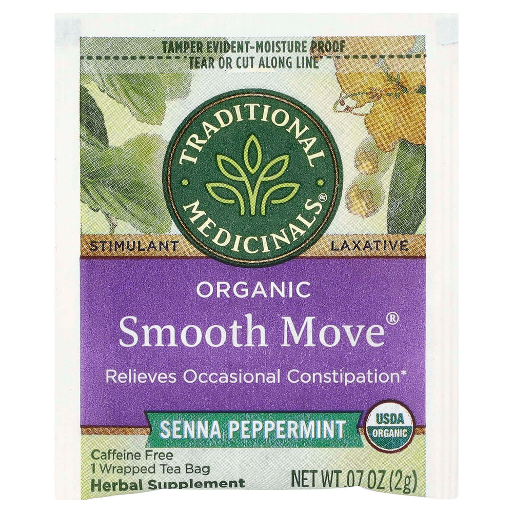 Traditional Medicinals, Organic Smooth Move®, перечная мята сенна, без кофеина, 16 упакованных чайных пакетиков, 32 г (1,13 унции)