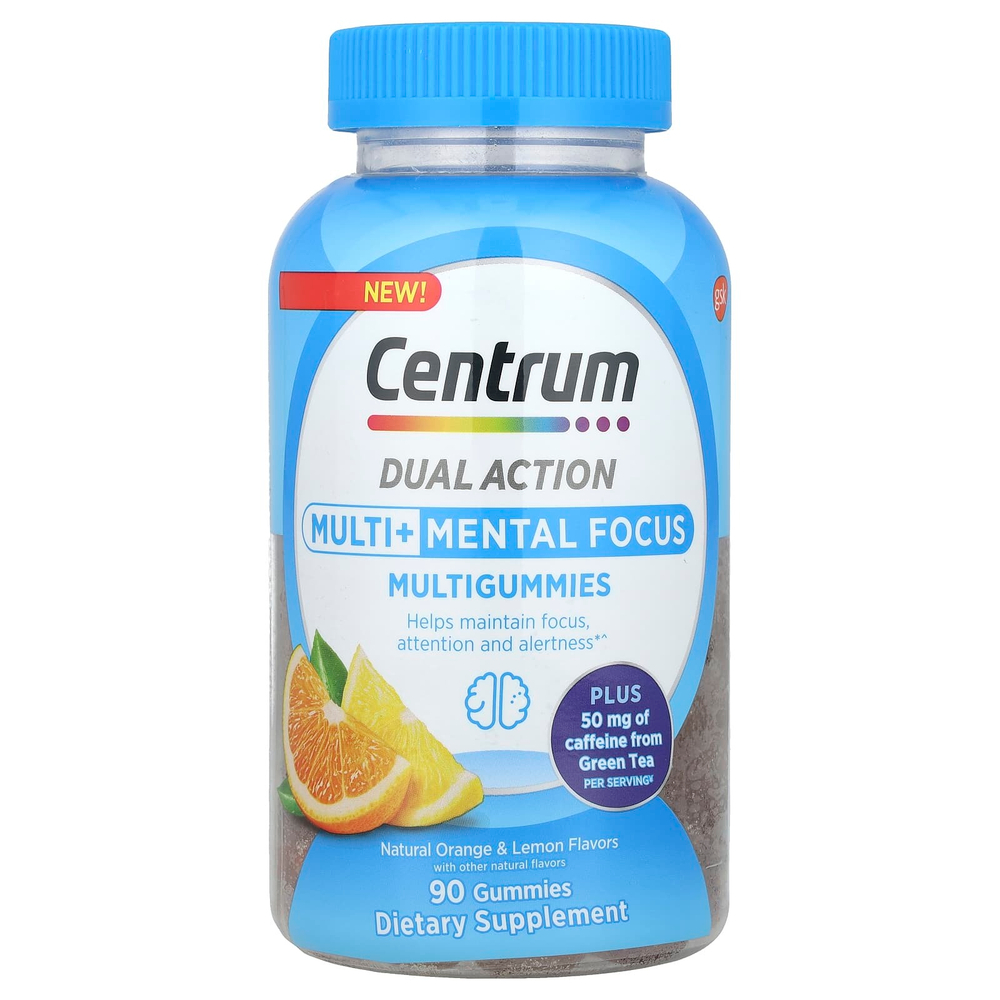 Centrum, Мультивитамины двойного действия и мультивитамины для умственной фокусировки, натуральный апельсин и лимон, 90 жевательных таблеток