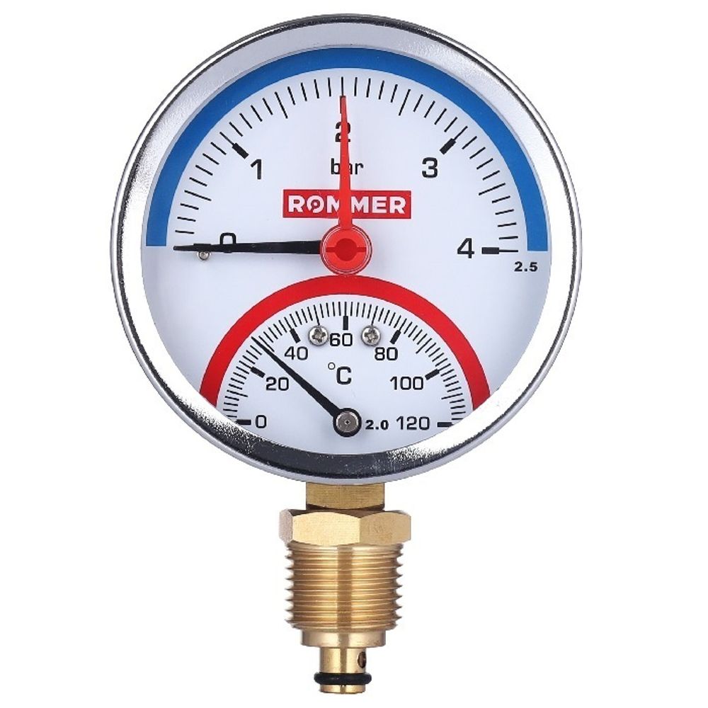 Термоманометр радиальный Rommer 1/2&quot;, 10 бар, +120°С, 80 мм с запорным клапаном (RIM-0006-801015)