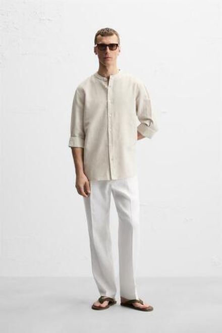 ZARA БРЮКИ ИЗ 100% ЛЬНА С ЗАЩИПАМИ, БЕЛЫЙ